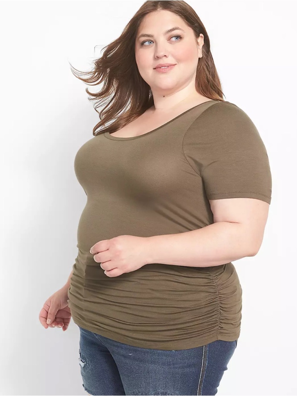 Lane Bryant Green Fitted Side Ruched Tee Scoop Neck Size 18/20 Grape Leaf